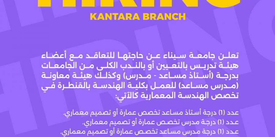 وظيفة جامعة.. جامعة سيناء تعلن عن وظائف أكاديمية لأعضاء هيئة التدريس بمختلف التخصصات