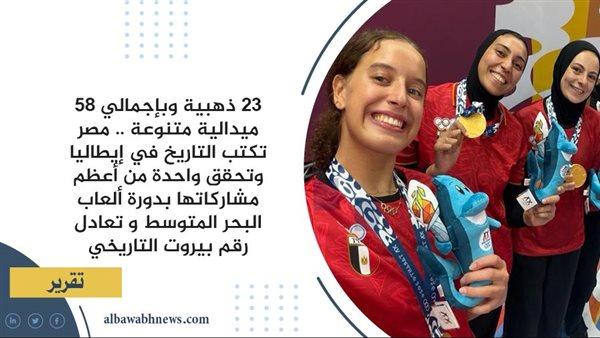 مصر تحقق إنجازًا تاريخيًا في إيطاليا بتحقيق 23 ذهبية ضمن 58 ميدالية متنوعة في دورة ألعاب البحر المتوسط وتعادل الرقم القياسي المسجل في بيروت